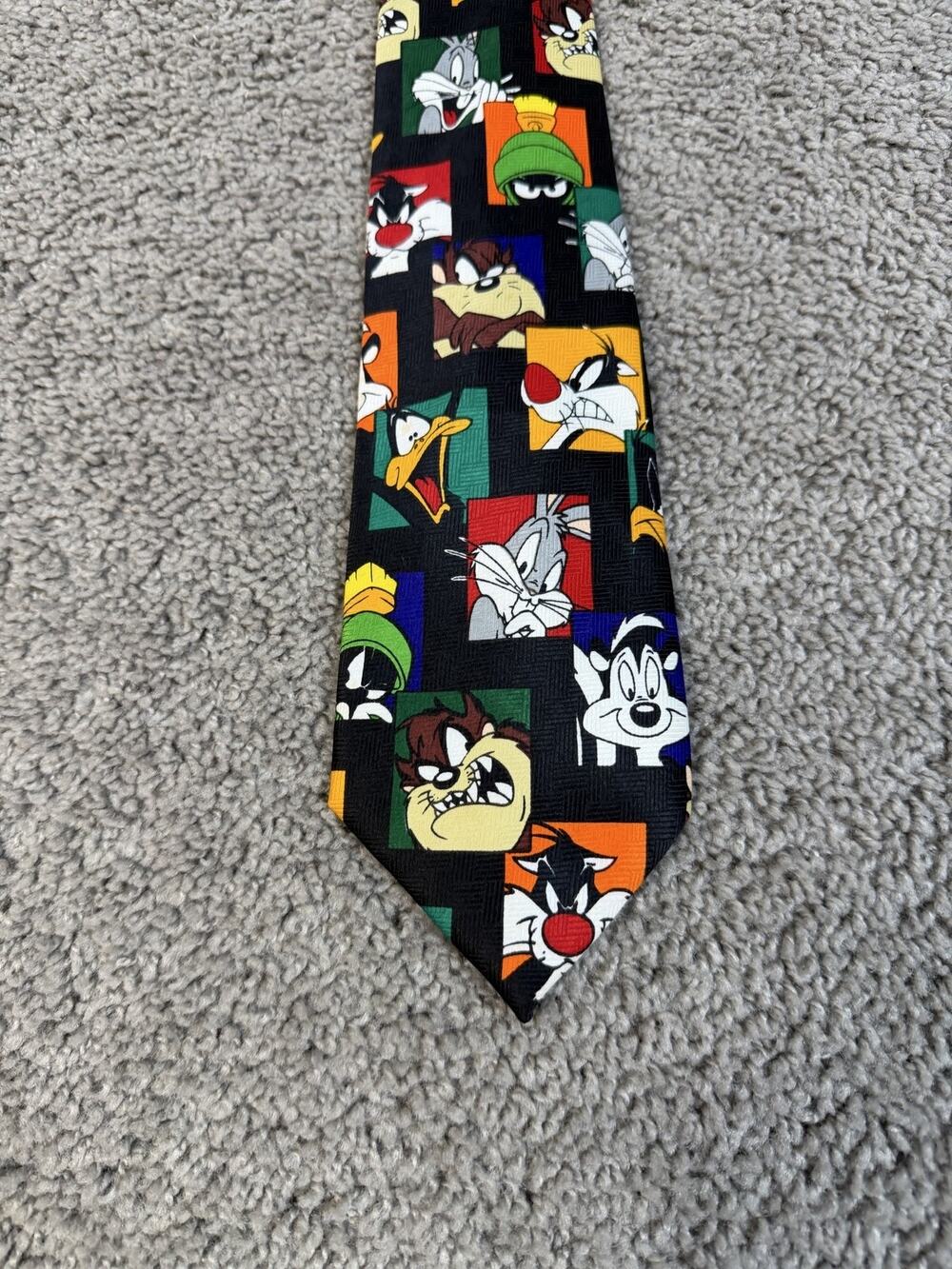 Vintage Looney Tunes Tie Mens One Size Black Geometric Pointed Polyester Korea